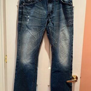 Express Blue Straight Jeans with Distressed Details